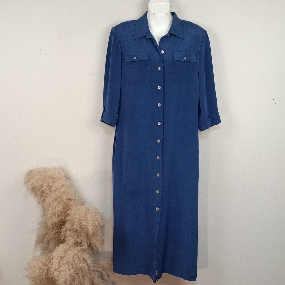 Vintage Talbots Women's Classic Silk Blue Long Sleeve Button Up Midi Dress sz 10